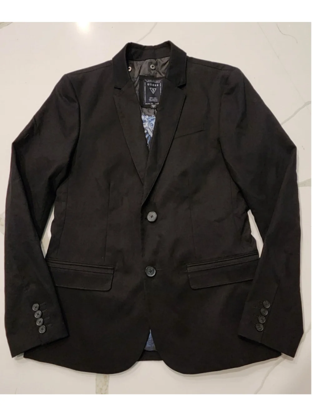 GUESS Mens Blazer Jacket S Black 2-Button Graphic Lining Slim Fit Sport Coat